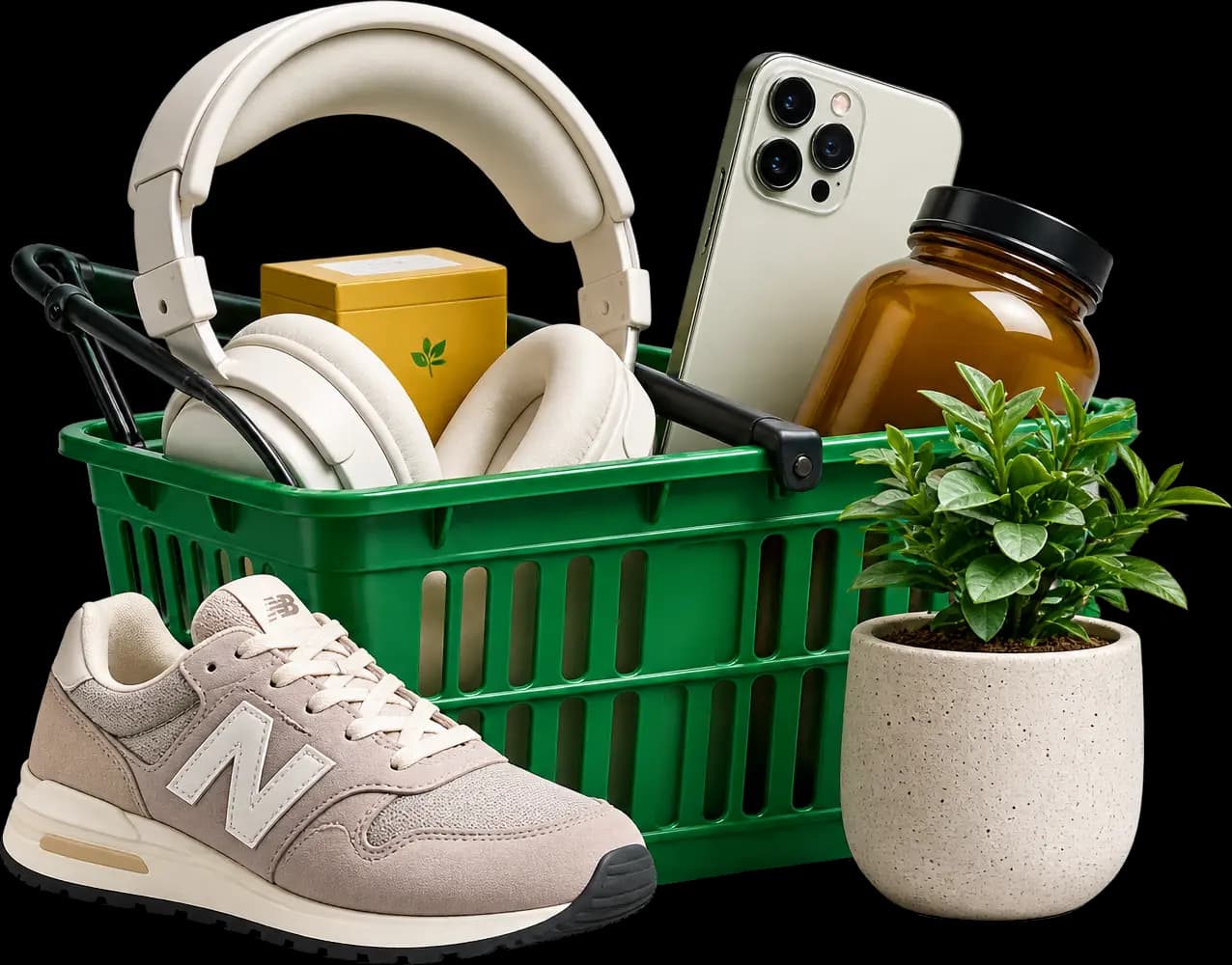 Cesta de la compra con auriculares, un móvil, un bote de suplementos, unas zapatillas y una planta
