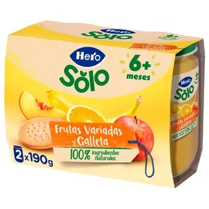 HERO Solo Tarrito de frutas variadas (plátano, melocotón, manzana y naranja) con galleta, a partir de 6 meses 2 x 190 g.