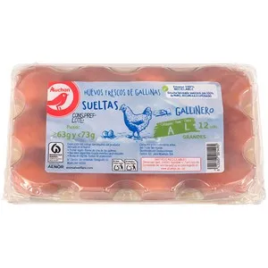 AUCHAN Huevos de gallinas sueltas en el gallinero clase L y cat. A 12 uds Producto Alcampo.