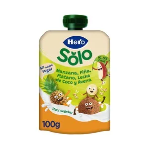 HERO Solo Bolsita (pouch) de fruta (manzana, piña y plátano) con bebida vegetal de coco y avena 100 g.