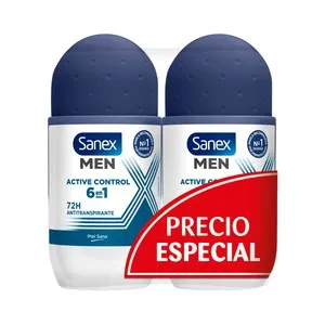 SANEX Men active control Desodorante roll on para hombre antitranspirante hasta 72 horas 2 x 50 ml.