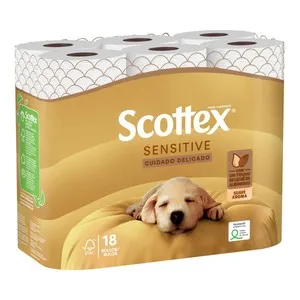 SCOTTEX Sensitive Papel higiénico de 2 capas con un toque de leche de almendras 18 rollos.