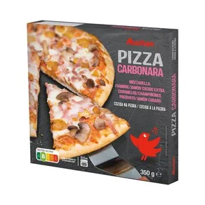 AUCHAN Pizza carbonara (jamón cocido extra, champiñones y jamón curado) cocida a la piedra 350 g. Producto Alcampo