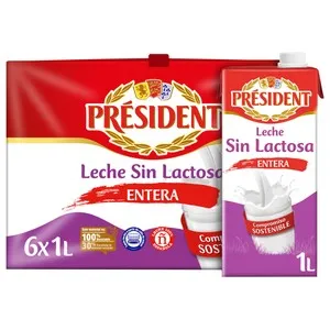PRESIDENT Leche de vaca entera y sin lactosa de origen 100% española 6 x 1 l.