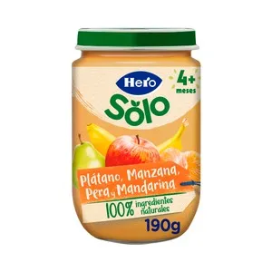 HERO Solo Tarrito de frutas de textura suave (plátano, manzana, pera y mandarina), a partir de 4 meses 190 g.