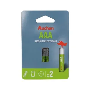 Pack de 2 pilas recargables AAA, Ni-MH, HR03, PRODUCTO ALCAMPO, 750 mAh.