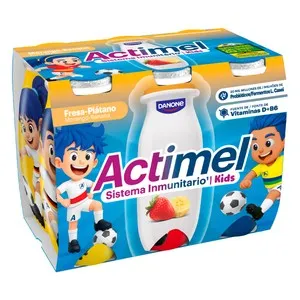 ACTIMEL Kids de Danone Leche fermentada con Lcasei con sabor a fresa y plátano 6 x 100 g.