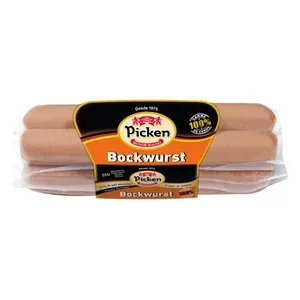 PICKEN Salchichas alemanas con ternera tipo Bockwurst, elaboradas sin gluten, ni glutamato ni fécula PICKEN 300 g.