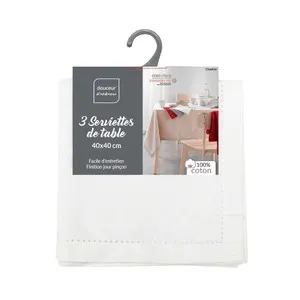 Pack de 3 servilletas color blanco, 100% algodón, 40x40cm, U10