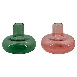 2 portavelas de vidrio para velas, color rosa y verde, ALCAMPO.