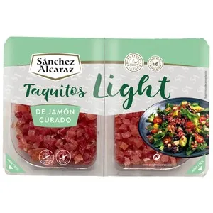 SÁNCHEZ ALCARAZ Jamón curado (con menos grasa), cortado en cómodos taquitos SÁNCHEZ ALACARAZ 2 x 50 g.