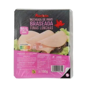 AUCHAN Pechuga de pavo braseada cortada en lonchas finas 150 g. Producto Alcampo