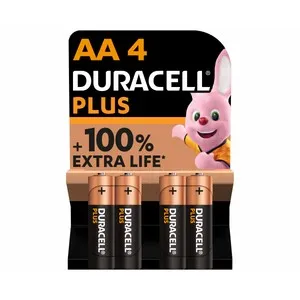 Pack de 4 pilas alcalinas AA, LR06, 1,5V, DURACELL Plus.