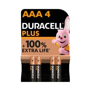 Pack de 4 pilas alcalinas AAA, LR03, 1,5V, DURACELL Plus.