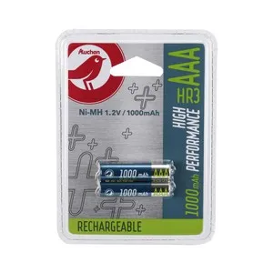 Pack de 2 pilas recargables AAA, Ni-MH, HR03, PRODUCTO ALCAMPO, 1000 mAh.