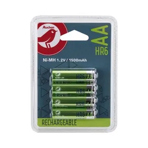 Pack de 4 pilas recargables AA, Ni-MH, HR06, PRODUCTO ECONÓMICO ALCAMPO, 1500 mAh.