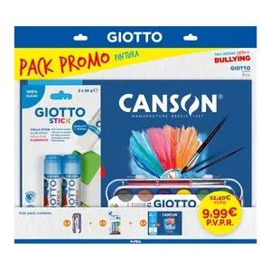 Set para pintar: caja de acuarelas + papel técnica húmeda + pegamento en barra, promo pack VAC 2026. GIOTTO