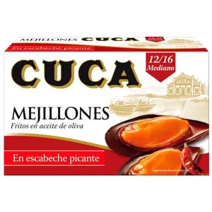 CUCA Mejillones medianos (12/16) fritos en aceite de oliva, en escabeche picante 69 g.