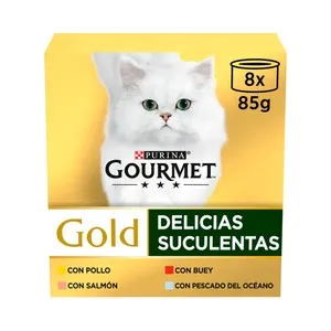 PURINA GOURMET Gold delicias suculentas Alimento húmedo para gatos con pollo (2), buey (2), salmón (2) y pescado del océano (2) 8 x 85 g.