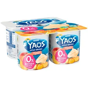 YAOS Yogur estilo griego con melocotón y con 0% materia grasa 4 x 115 g.