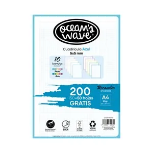 Recambios de papel A4 cuadrícula 5x5mm, 150 hojas + 50 hojas gratis, 10 colores, 90gr. OCEAN´S WAVE