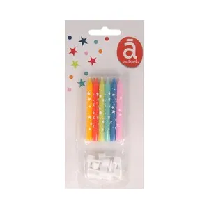 Velas de cumpleaños de colores decoradas con estrellitas, 12 unidades, ACTUEL.