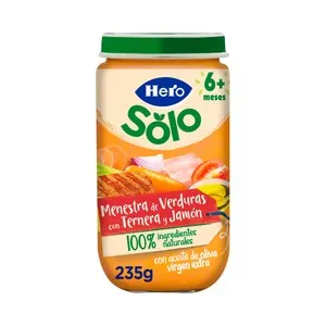 HERO Solo Tarrito de menestra de verduras con ternera y jamón, a partir de 6 meses 235 g.
