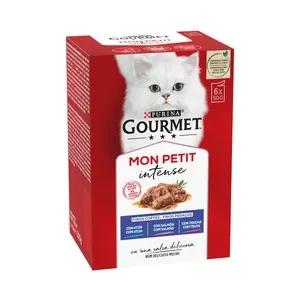 PURINA Gorumet mon petit intense Comida para gatos adultos de atún, salmón y trucha 6 x 50 g.