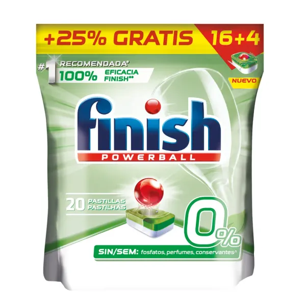 Pastillas para el lavavajillas 0%, ecológico, 16+4 dosis Finish 350g