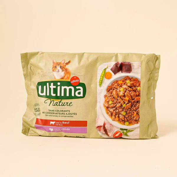 Comida húmeda para gato con buey Ultima 85g - 4uds.