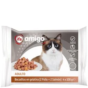Bocaditos en gelatina pollo y salmón 4x100 g