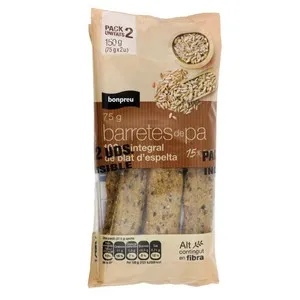 BONPREU Barretes de pa 100 % integral de blat d'espelta