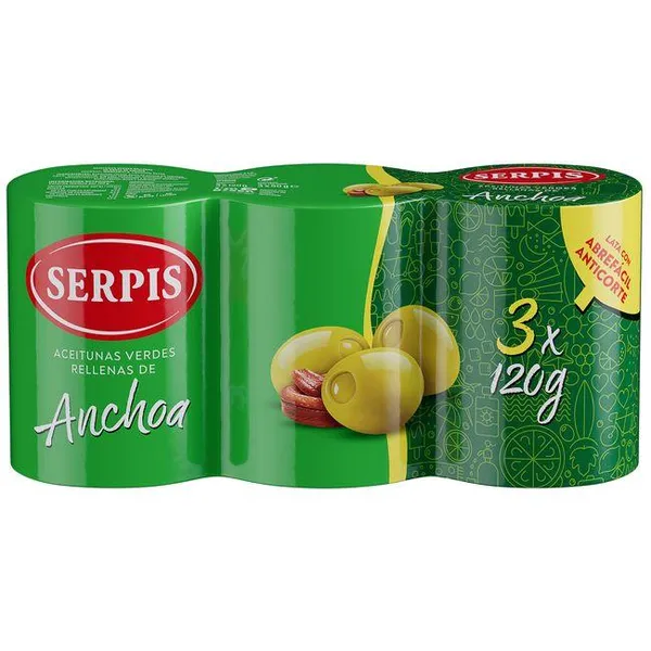 Aceitunas rellenas de anchoa EL SERPIS, pack 3x120 g