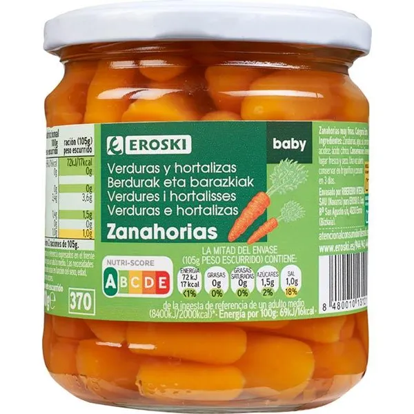 Zanahoria cocida EROSKI, frasco 210 g
