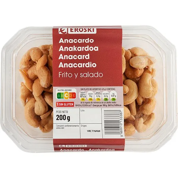 Anacardos fritos EROSKI, tarrina 200 g