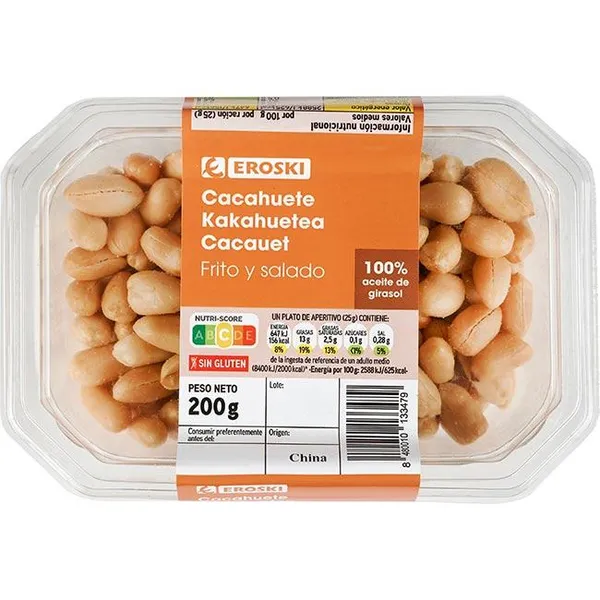 Cacahuetes fritos EROSKI, tarrina 200 g