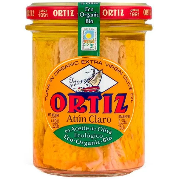 Atún claro en aceite oliva ecológico ORTIZ, frasco 220 g