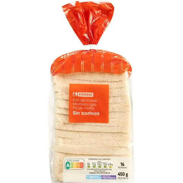 Pan de molde sin corteza EROSKI, paquete 450 g