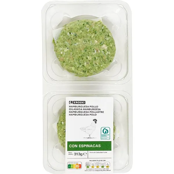 Hamburguesa de pollo con espinacas EROSKI, 4 uds., bandeja 313 g