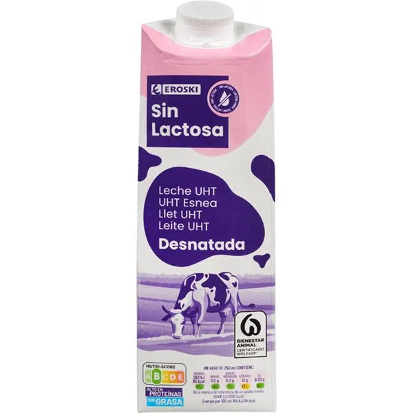 Leche sin lactosa desnatada EROSKI, brik 1 litro