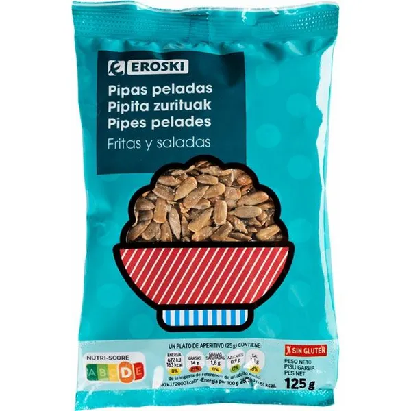 Pipas de girasol peladas fritas EROSKI, bolsa 125 g