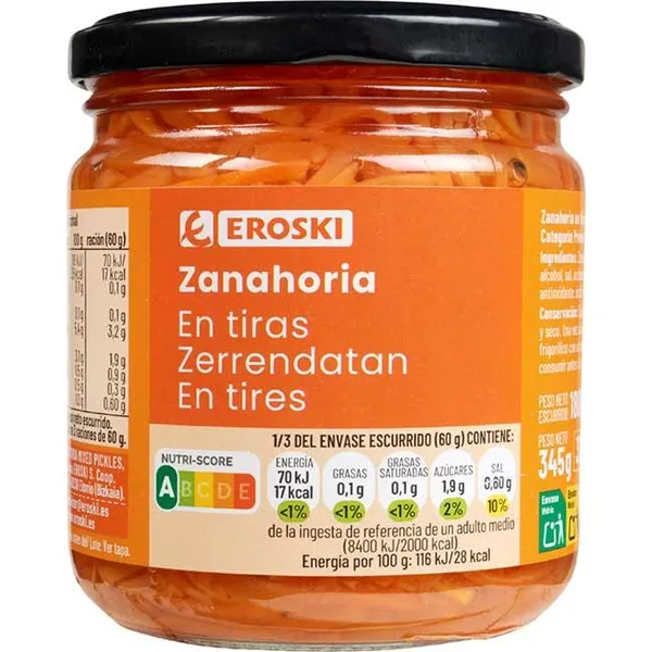 Zanahoria en tiras EROSKI, frasco 180 g