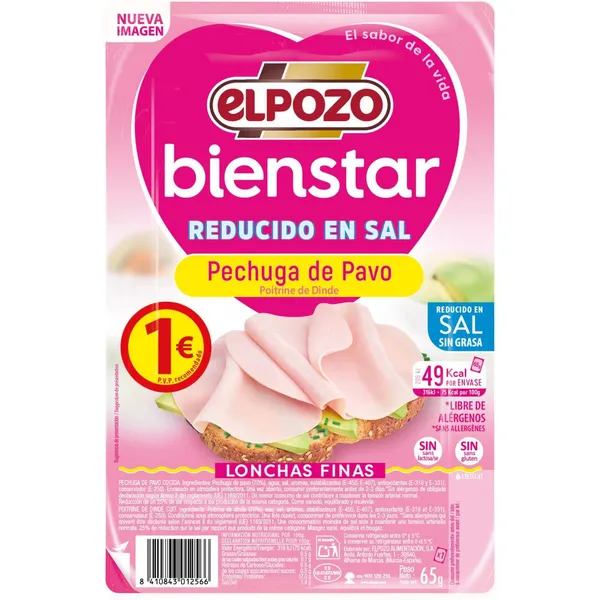Pechuga de pavo bajo grasa-sal ELPOZO BIENESTAR, bandeja 65 g