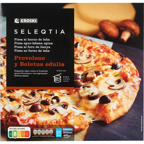 Pizza provolone-boletus Eroski SELEQTIA, 1 ud, 400 g
