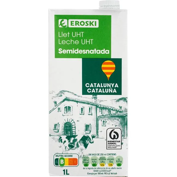Leche semidesnatada de Cataluña EROSKI, brik 1 litro