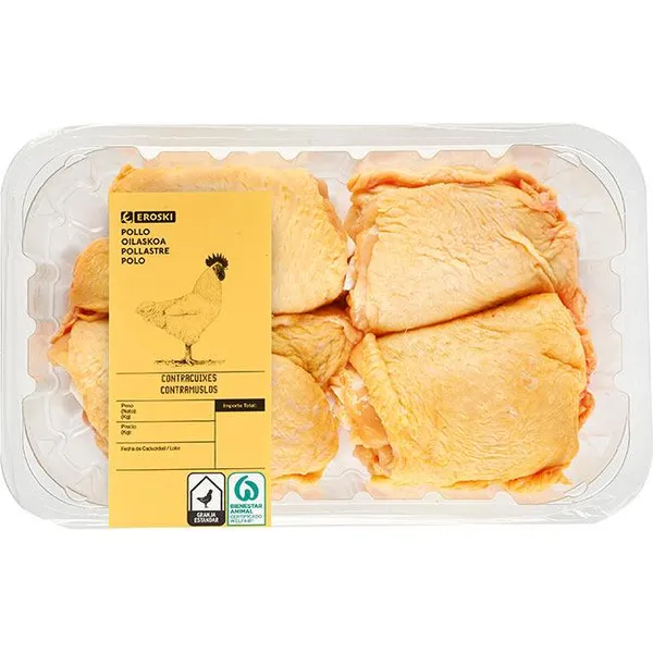 Contramuslo de pollo con piel EROSKI, bandeja aprox. 500 g