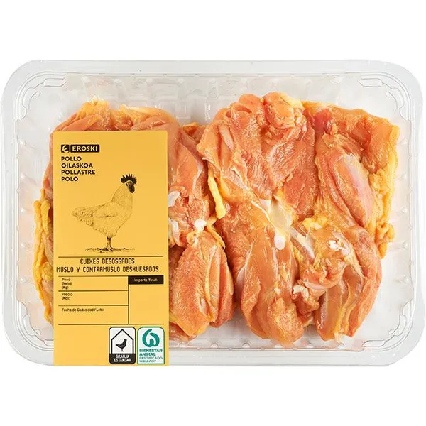 Muslo de pollo deshuesado con piel EROSKI, bandeja aprox. 675 g