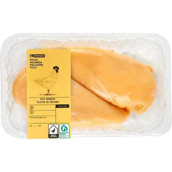 Pechuga de pollo entera EROSKI, 2 uds, bandeja aprox. 500 g
