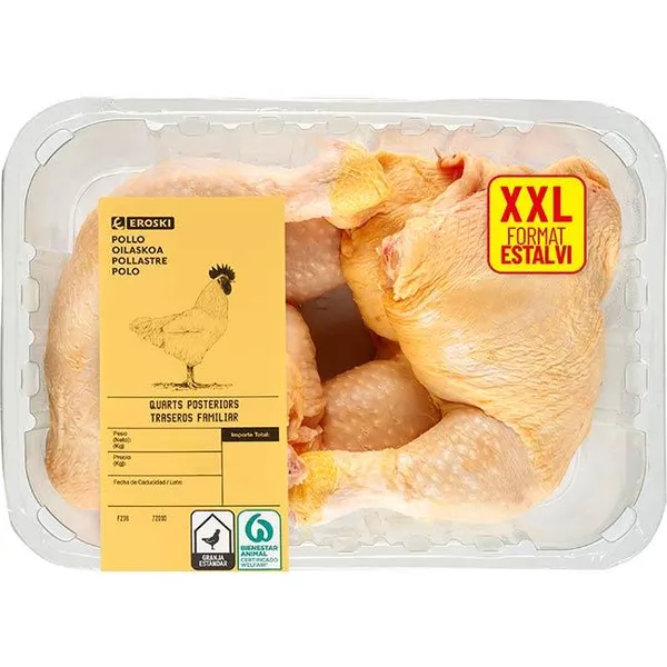 Cuarto trasero de pollo formato XXL EROSKI, bandeja aprox. 1.3 kg