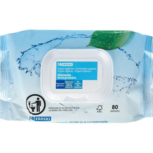 Papel higiénico húmedo biodegradable EROSKI, paquete 80 uds